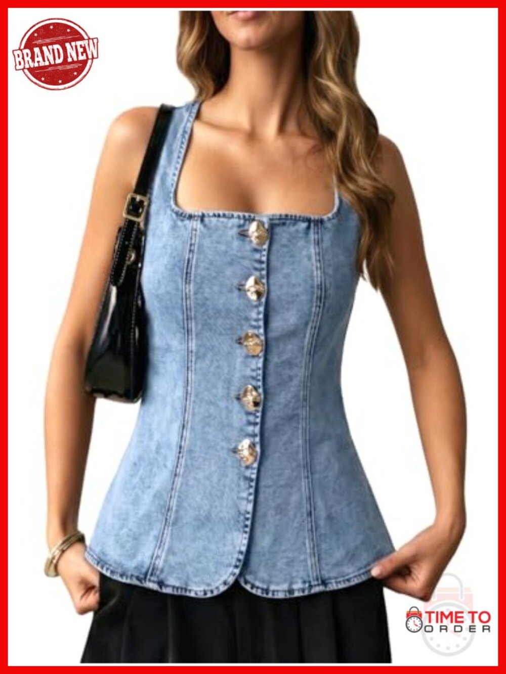 Vintage Denim Tank Top Sleeveless Square Neck Slim Fit Button Front Vest